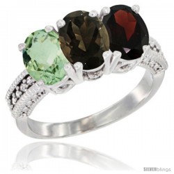 10K White Gold Natural Green Amethyst, Smoky Topaz & Garnet Ring 3-Stone Oval 7x5 mm Diamond Accent