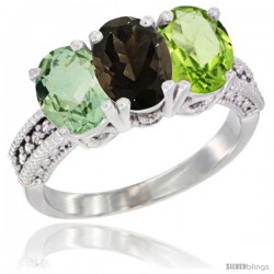 10K White Gold Natural Green Amethyst, Smoky Topaz & Peridot Ring 3-Stone Oval 7x5 mm Diamond Accent