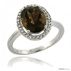 Sterling Silver Diamond Halo Natural Smoky Topaz Ring 2.4 carat Oval shape 10X8 mm, 1/2 in (12.5mm) wide