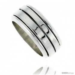 Sterling Silver Men's Spinner Ring Flat Band center Groove Handmade 5/16 wide