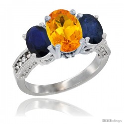 14K White Gold Ladies 3-Stone Oval Natural Citrine Ring with Blue Sapphire Sides Diamond Accent