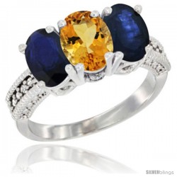 14K White Gold Natural Citrine & Blue Sapphire Sides Ring 3-Stone 7x5 mm Oval Diamond Accent