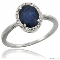 14k White Gold Blue Sapphire Diamond Halo Ring 1.17 Carat 8X6 mm Oval Shape, 1/2 in wide