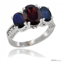 14K White Gold Ladies 3-Stone Oval Natural Garnet Ring with Blue Sapphire Sides Diamond Accent