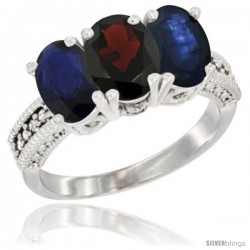 14K White Gold Natural Garnet & Blue Sapphire Sides Ring 3-Stone 7x5 mm Oval Diamond Accent