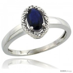 14k White Gold Diamond Halo Lab Created Blue Sapphire Ring 0.64 Carat Oval Shape 6X4 mm, 3/8 in (9mm) wide