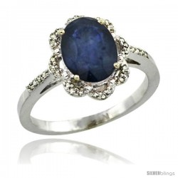 14k White Gold Diamond Halo Blue Sapphire Ring 1.65 Carat Oval Shape 9X7 mm, 7/16 in (11mm) wide