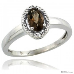 Sterling Silver Diamond Halo Natural Smoky Topaz Ring 0.75 Carat Oval Shape 6X4 mm, 3/8 in (9mm) wide