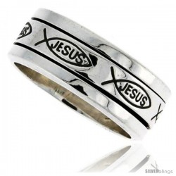 Sterling Silver Men's Spinner Ring Ichthus Christian Fish Design Handmade 5/16 wide -Style Xrt4