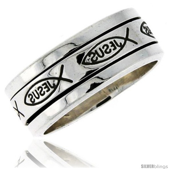 Sterling Silver Men s Spinner Ring  Ichthus Christian Fish  