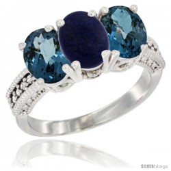 14K White Gold Natural Lapis & London Blue Topaz Sides Ring 3-Stone 7x5 mm Oval Diamond Accent