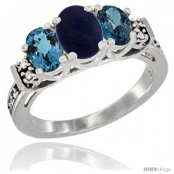 14K White Gold Natural Lapis & London Blue Ring 3-Stone Oval with Diamond Accent