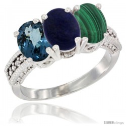 14K White Gold Natural London Blue Topaz, Lapis & Malachite Ring 3-Stone 7x5 mm Oval Diamond Accent