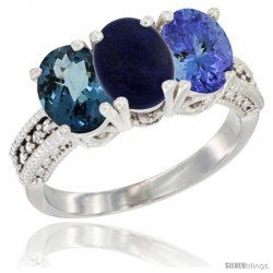 14K White Gold Natural London Blue Topaz, Lapis & Tanzanite Ring 3-Stone 7x5 mm Oval Diamond Accent