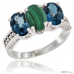 14K White Gold Natural Malachite & London Blue Topaz Sides Ring 3-Stone 7x5 mm Oval Diamond Accent