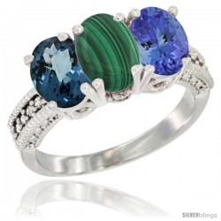 14K White Gold Natural London Blue Topaz, Malachite & Tanzanite Ring 3-Stone 7x5 mm Oval Diamond Accent