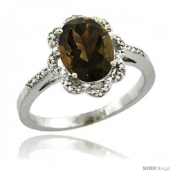 Sterling Silver Diamond Halo Natural Smoky Topaz Ring 1.65 Carat Oval Shape 9X7 mm, 7/16 in (11mm) wide