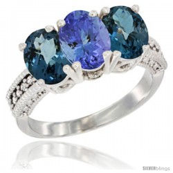 14K White Gold Natural Tanzanite & London Blue Topaz Sides Ring 3-Stone 7x5 mm Oval Diamond Accent