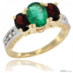 14k Yellow Gold Ladies Oval Natural Emerald 3-Stone Ring with Garnet Sides Diamond Accent