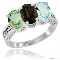 10K White Gold Natural Green Amethyst, Smoky Topaz & Aquamarine Ring 3-Stone Oval 7x5 mm Diamond Accent