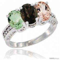 10K White Gold Natural Green Amethyst, Smoky Topaz & Morganite Ring 3-Stone Oval 7x5 mm Diamond Accent