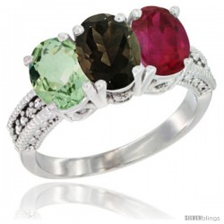 10K White Gold Natural Green Amethyst, Smoky Topaz & Ruby Ring 3-Stone Oval 7x5 mm Diamond Accent