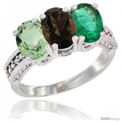 10K White Gold Natural Green Amethyst, Smoky Topaz & Emerald Ring 3-Stone Oval 7x5 mm Diamond Accent