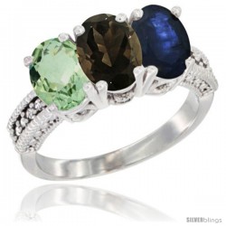 10K White Gold Natural Green Amethyst, Smoky Topaz & Blue Sapphire Ring 3-Stone Oval 7x5 mm Diamond Accent