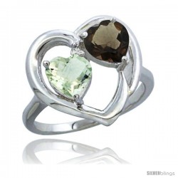 10K White Gold Heart Ring 6mm Natural Green Amethyst & Smoky Topaz Diamond Accent