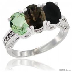 10K White Gold Natural Green Amethyst, Smoky Topaz & Black Onyx Ring 3-Stone Oval 7x5 mm Diamond Accent