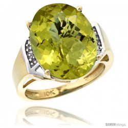 10k Yellow Gold Diamond Lemon Quartz Ring 9.7 ct Large Oval Stone 16x12 mm, 5/8 in wide