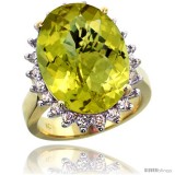 10k Yellow Gold Diamond Halo Lemon Quatrz Ring 10 ct Large Oval Stone 18x13 mm, 7/8 in wide