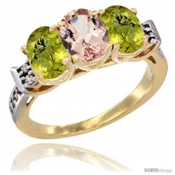 10K Yellow Gold Natural Morganite & Lemon Quartz Sides Ring 3-Stone Oval 7x5 mm Diamond Accent