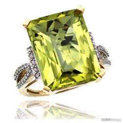 10k Yellow Gold Diamond Lemon Quartz Ring 12 ct Emerald Shape 16x12 Stone 3/4 in wide