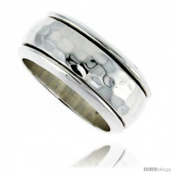 Sterling Silver Men's Spinner Ring Domed Band Hammered Finish Handmade 3/8 in wide