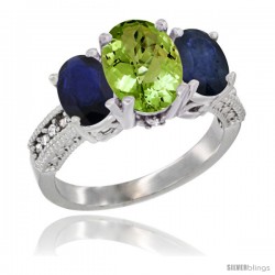 14K White Gold Ladies 3-Stone Oval Natural Peridot Ring with Blue Sapphire Sides Diamond Accent