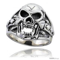 Sterling Silver Fanged Skull Ring 7/8 in wide