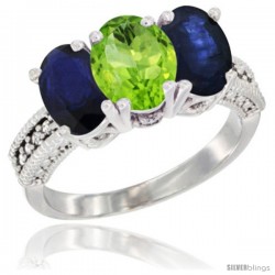 14K White Gold Natural Peridot & Blue Sapphire Sides Ring 3-Stone 7x5 mm Oval Diamond Accent