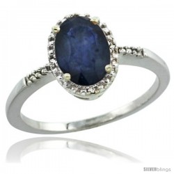 14k White Gold Diamond Blue Sapphire Ring 1.17 ct Oval Stone 8x6 mm, 3/8 in wide