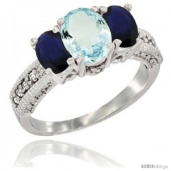 14k White Gold Ladies Oval Natural Aquamarine 3-Stone Ring with Blue Sapphire Sides Diamond Accent