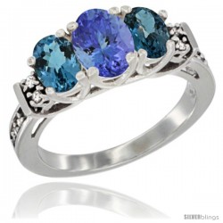 14K White Gold Natural Tanzanite & London Blue Ring 3-Stone Oval with Diamond Accent