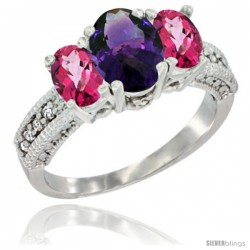 14k White Gold Ladies Oval Natural Amethyst 3-Stone Ring with Pink Topaz Sides Diamond Accent