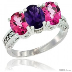 14K White Gold Natural Amethyst & Pink Topaz Sides Ring 3-Stone 7x5 mm Oval Diamond Accent