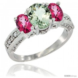 14k White Gold Ladies Oval Natural Green Amethyst 3-Stone Ring with Pink Topaz Sides Diamond Accent