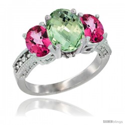 14K White Gold Ladies 3-Stone Oval Natural Green Amethyst Ring with Pink Topaz Sides Diamond Accent