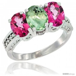 14K White Gold Natural Green Amethyst & Pink Topaz Sides Ring 3-Stone 7x5 mm Oval Diamond Accent