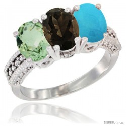 10K White Gold Natural Green Amethyst, Smoky Topaz & Turquoise Ring 3-Stone Oval 7x5 mm Diamond Accent