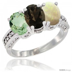 10K White Gold Natural Green Amethyst, Smoky Topaz & Opal Ring 3-Stone Oval 7x5 mm Diamond Accent