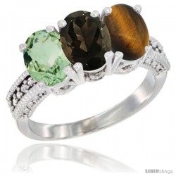 10K White Gold Natural Green Amethyst, Smoky Topaz & Tiger Eye Ring 3-Stone Oval 7x5 mm Diamond Accent