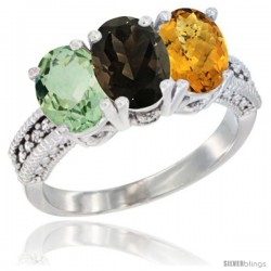 10K White Gold Natural Green Amethyst, Smoky Topaz & Whisky Quartz Ring 3-Stone Oval 7x5 mm Diamond Accent